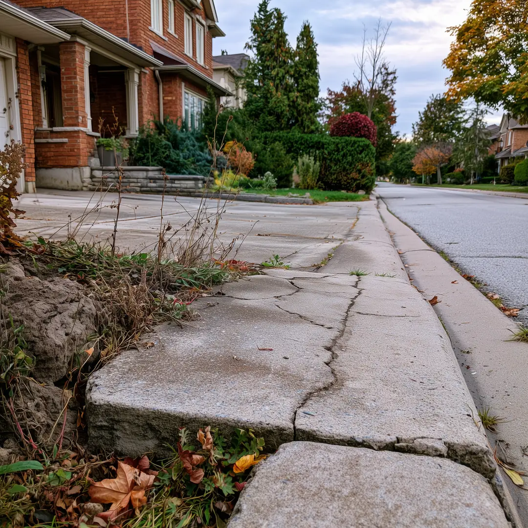 Old cracked concrete driveway at a brick house in Richmond Hill, Ontario, before interlock replacement