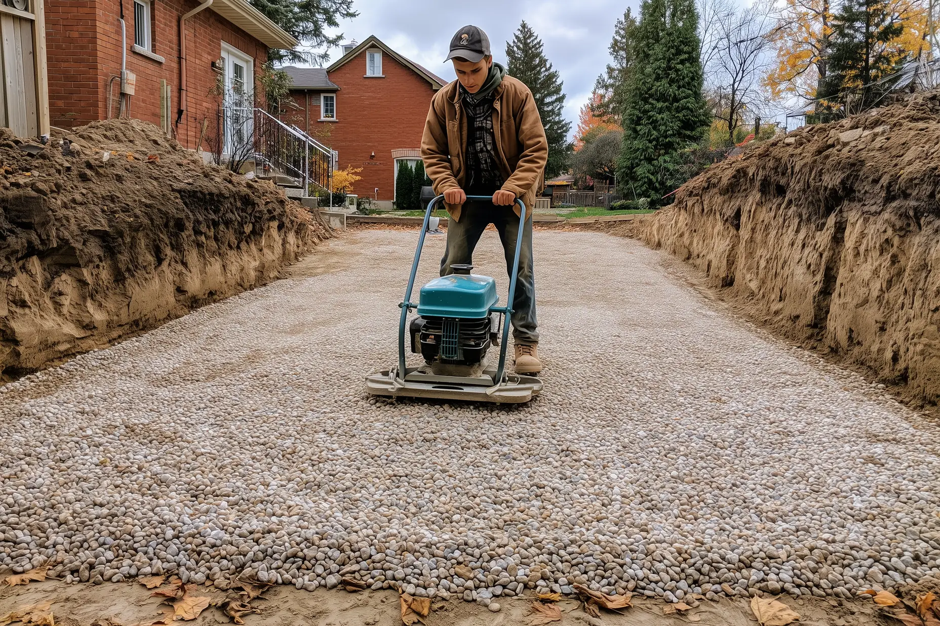 Worker operating plate compactor on granular limestone base during interlock driveway installation in the GTA